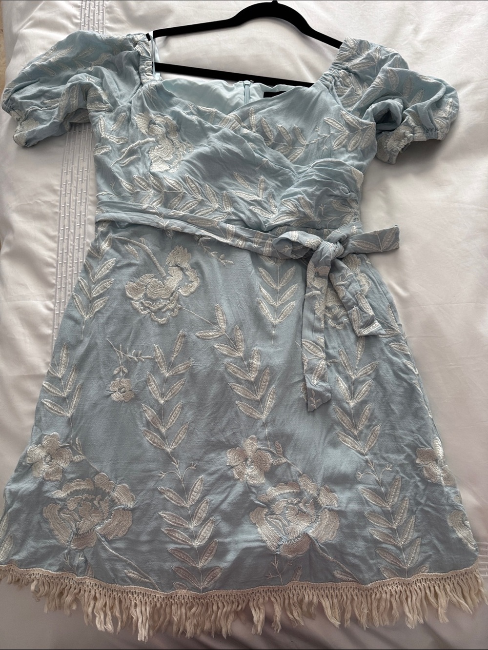 BCBGMaxAzria Light Blue Embroidered Puff Sleeve Dress